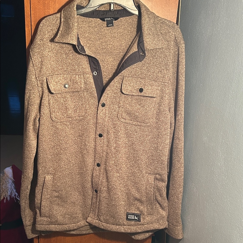Eddie Bauer Men’s Medium Sweater Fleece Shirt Jacket Brown Snap Button